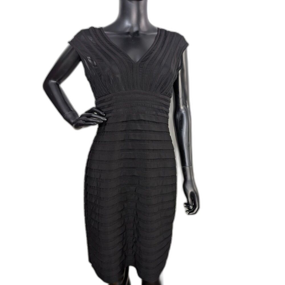 Adrianna Papell Black Mesh Illusion Sheath Dress Size 10 Banded Cocktail Formal